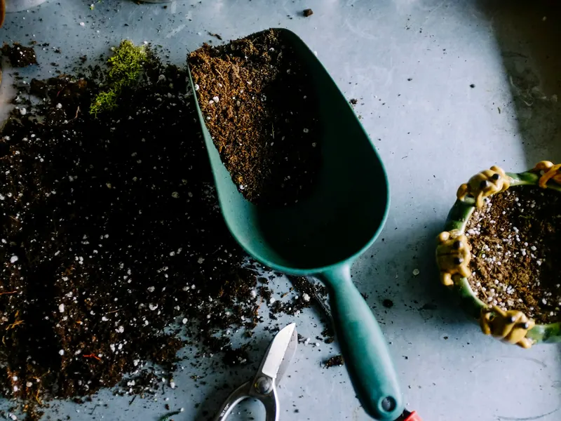 Fresh soil and a hand trowel during a seasonal bed planting