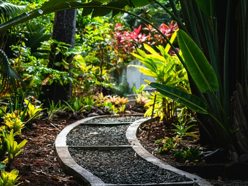 Freshly landscaped garden bed with shrubs and mulch in front of a home